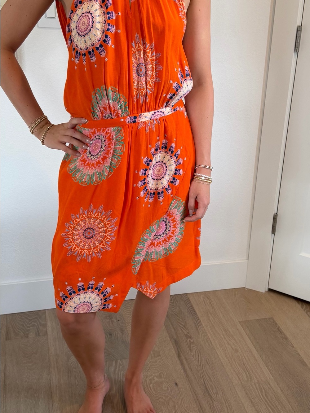 Anthropologie Orange Midi Dress with Multicolor Mandala Print